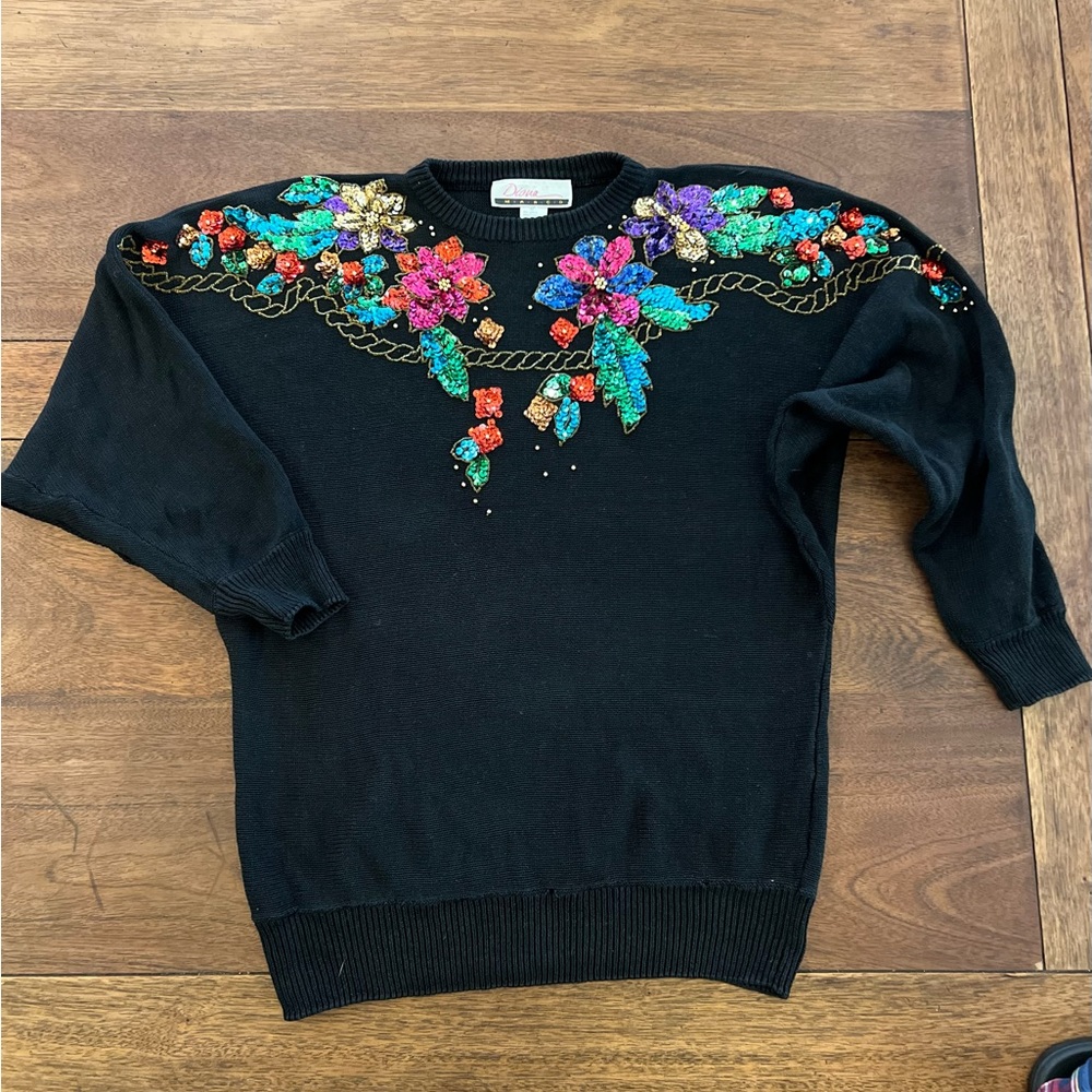 Vintage 80's 90's sequins Diana Marco Black Sweater sz 24 medium large
